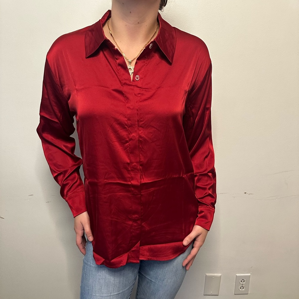 Zenana Outfitters Red Satin Button-Down Shirt